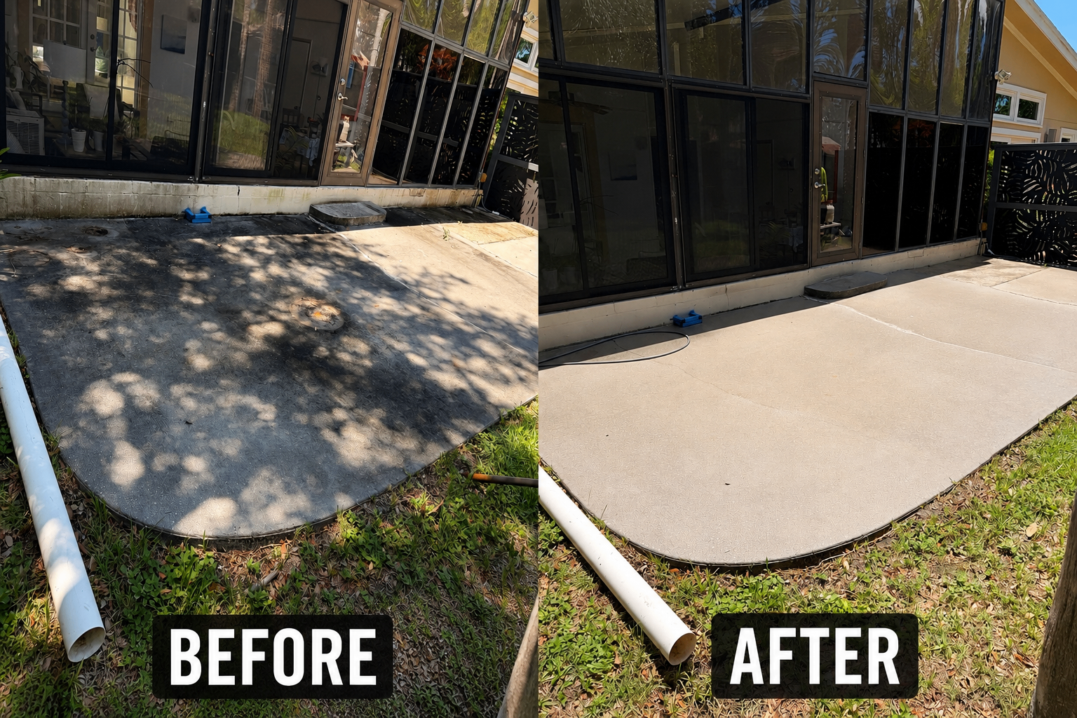 Patio before and after pressure washing