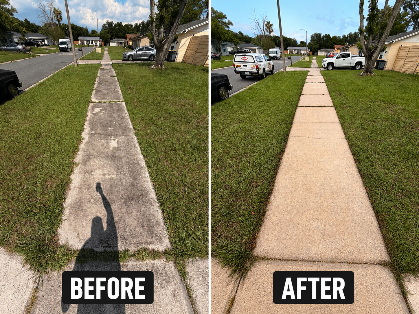 Sidewalk before and after pressure washing